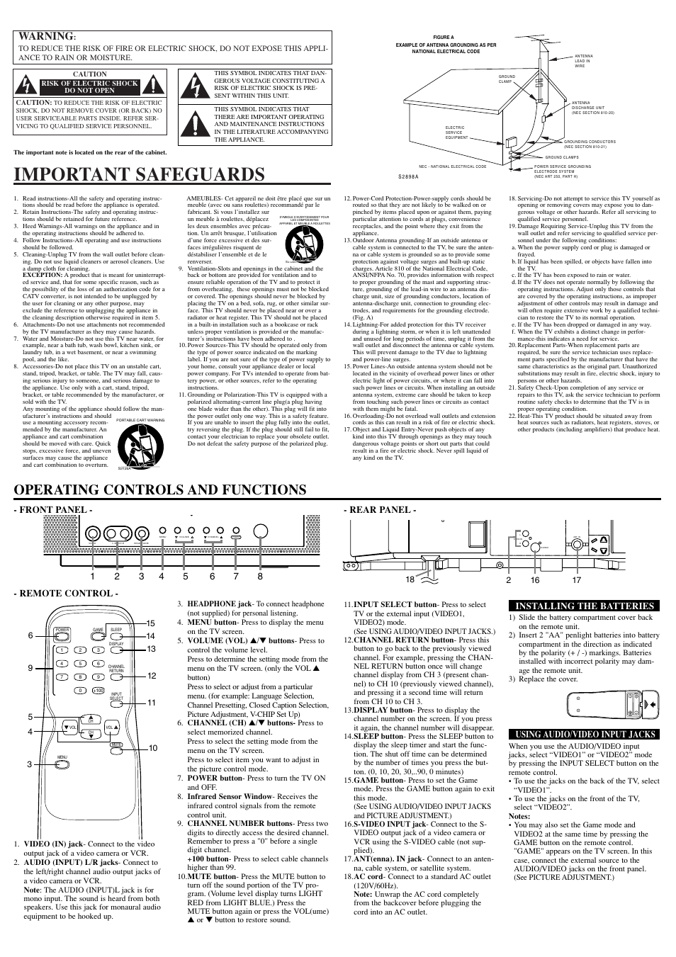 Important safeguards, Operating controls and functions, Warning | Front panel - - rear panel, Remote control, Installing the batteries, Using audio/video input jacks | Emerson EWF2004 User Manual | Page 2 / 8