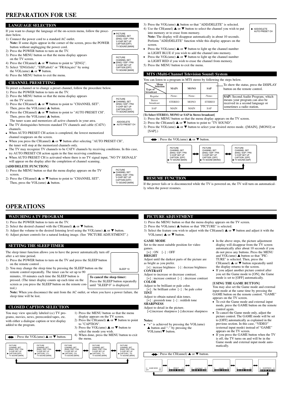 Preparation for use, Operations, Watching a tv program | Setting the sleep timer, Closed caption selection, Picture adjustment, Language selection, Channel presetting, Mts (multi-channel television sound) system, Resume function | Emerson EWF2004 User Manual | Page 3 / 8