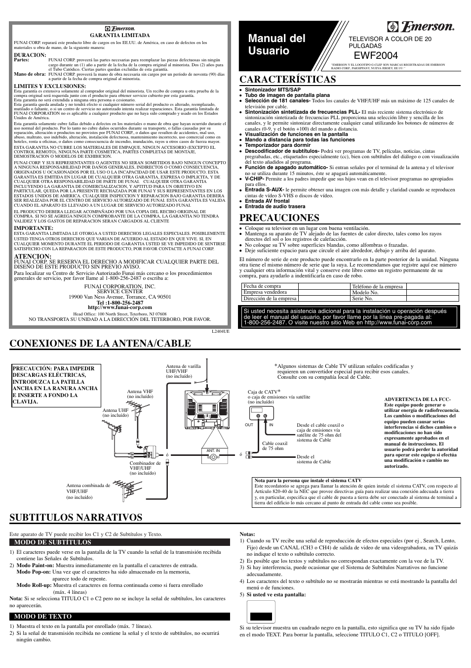 Manual del usuario, Conexiones de la antena/cable precauciones, Características | Subtitulos narrativos, Ewf2004 | Emerson EWF2004 User Manual | Page 5 / 8