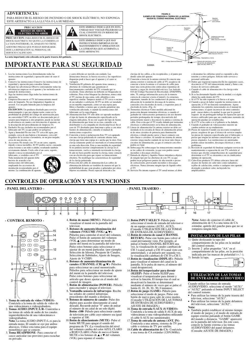 Importante para su seguridad, Controles de operación y sus funciones, Advertencia | Panel delantero - - panel trasero, Control remoto, Instalacion de las pilas, Utilización de las tomas de entrada de audio/video | Emerson EWF2004 User Manual | Page 6 / 8
