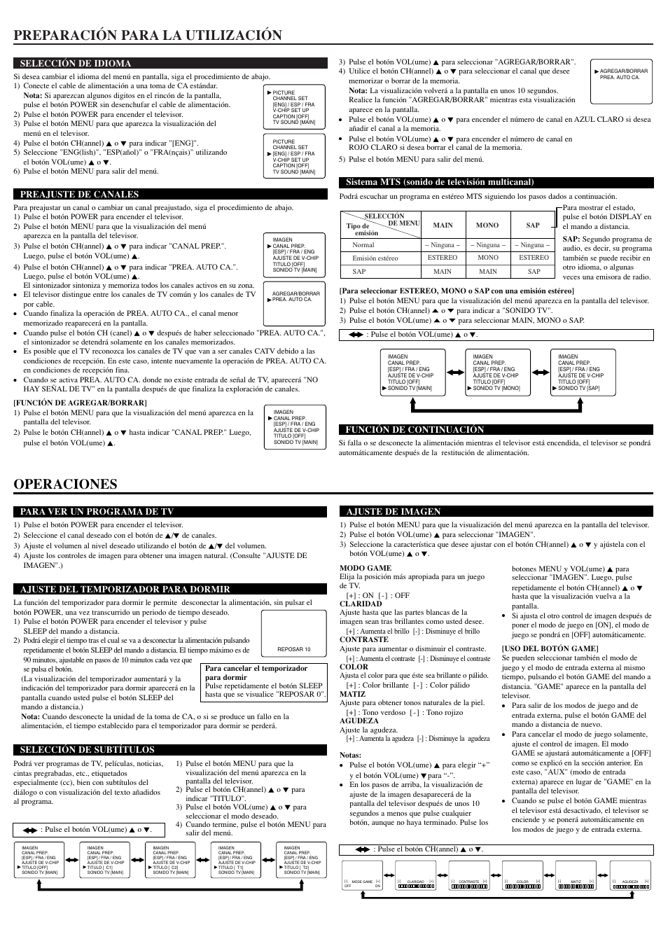 Preparación para la utilización, Operaciones, Selección de idioma | Preajuste de canales, Para ver un programa de tv, Ajuste del temporizador para dormir, Selección de subtítulos, Ajuste de imagen, Sistema mts (sonido de televisión multicanal) | Emerson EWF2004 User Manual | Page 7 / 8