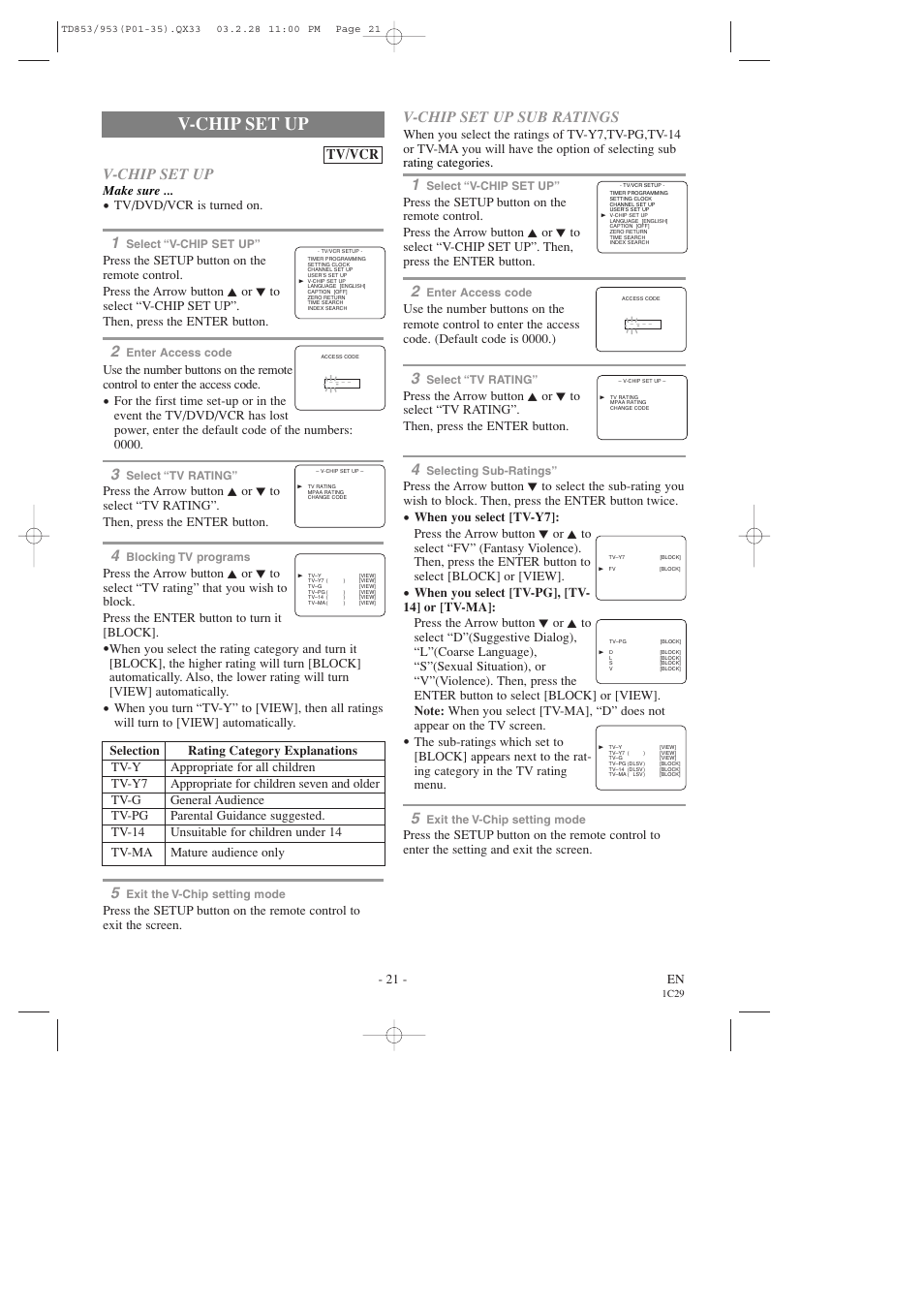 V-chip set up, V-chip set up sub ratings, Tv/vcr | Emerson EWC19T3 User Manual | Page 21 / 56