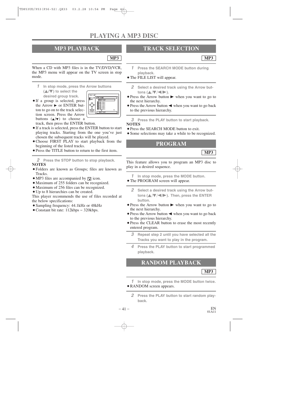 Playing a mp3 disc, Mp3 playback, Track selection random playback | Program | Emerson EWC19T3 User Manual | Page 41 / 56