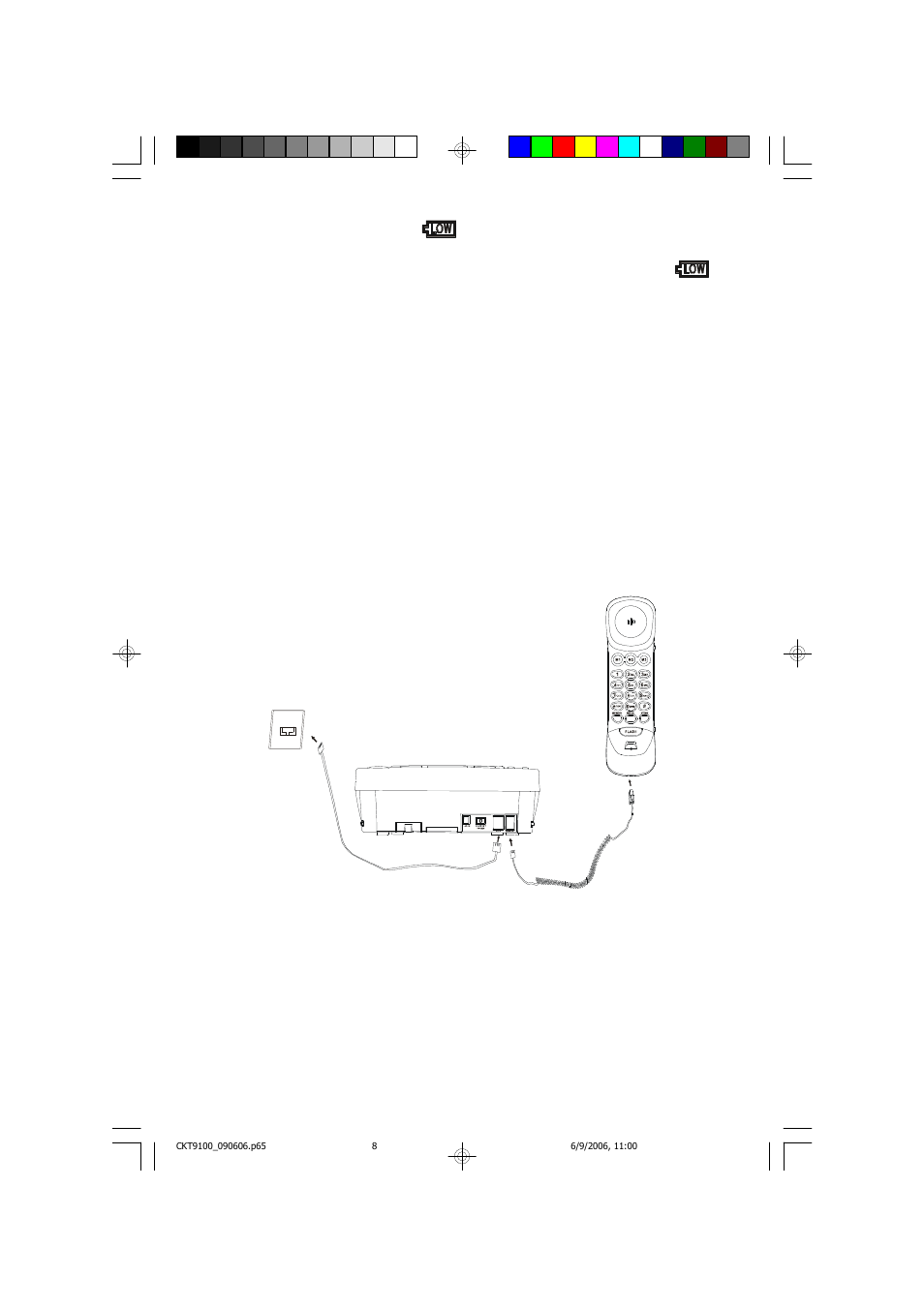 Low battery indication ( ), Connecting the telephone cords | Emerson Radio CKT9100 User Manual | Page 9 / 40