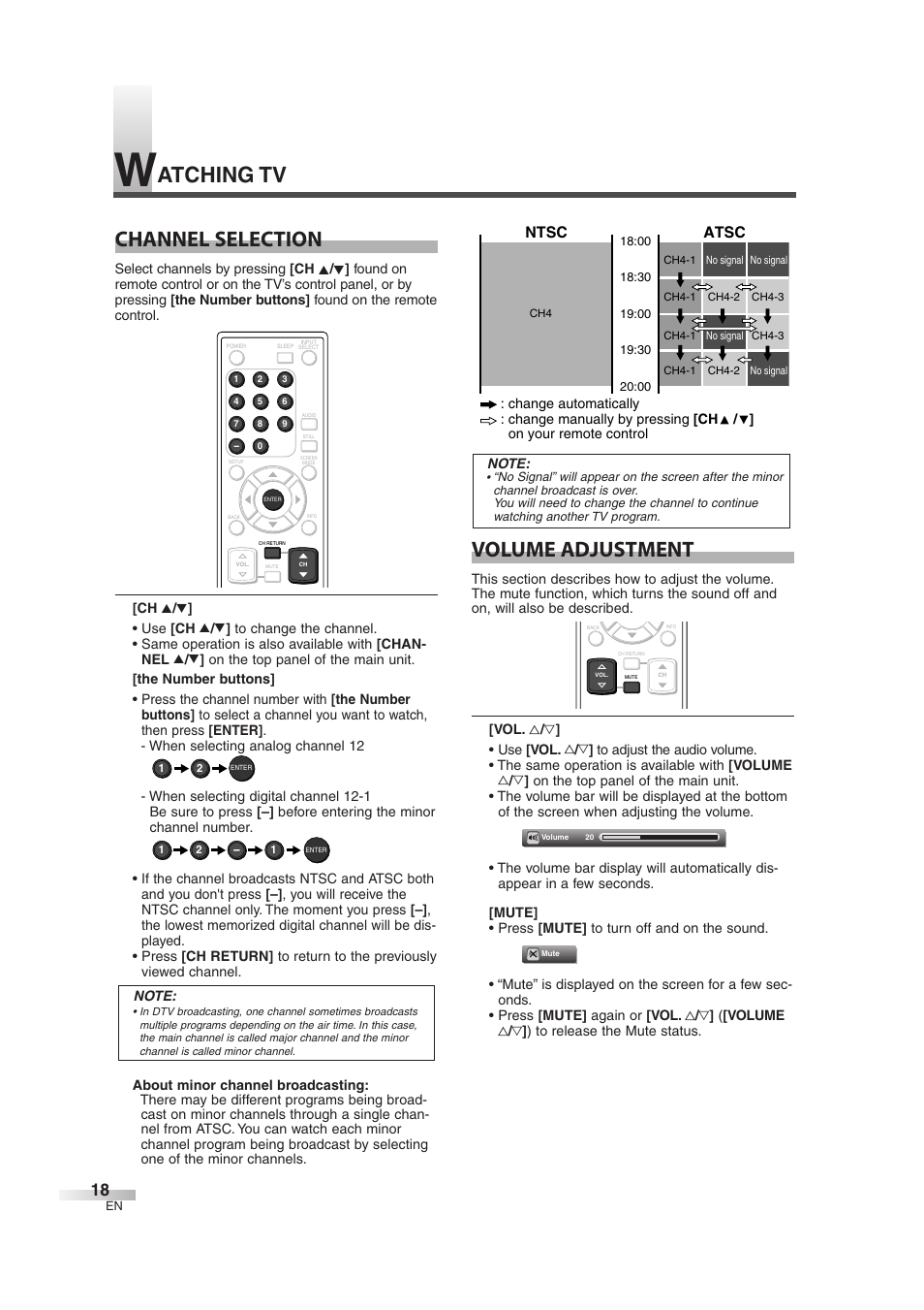 Channel selection, Volume adjustment, Atching tv | Atsc, Ntsc | Emerson EWL3706 A User Manual | Page 18 / 36