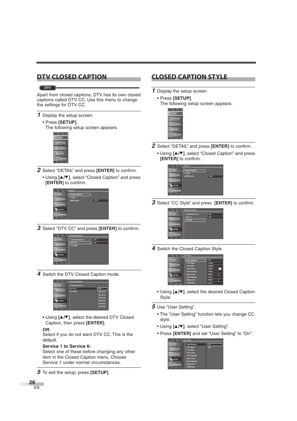 Dtv closed caption, Closed caption style, Select “dtv cc” and press [enter] to confirm | Select “cc style” and press [enter] to confirm | Emerson EWL3706 A User Manual | Page 26 / 36