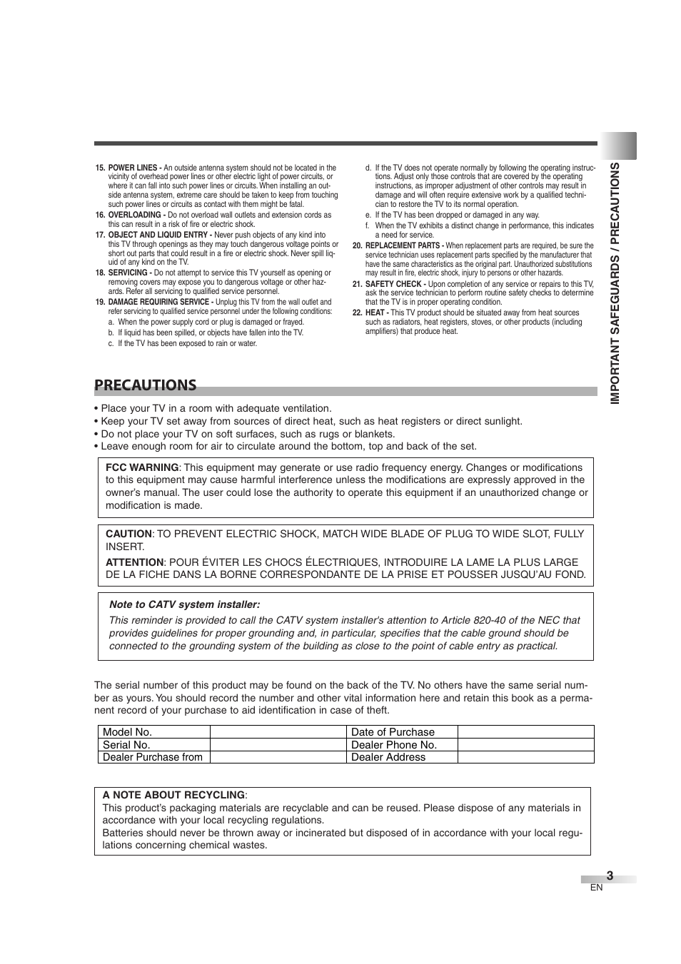 Precautions | Emerson EWL3706 A User Manual | Page 3 / 36