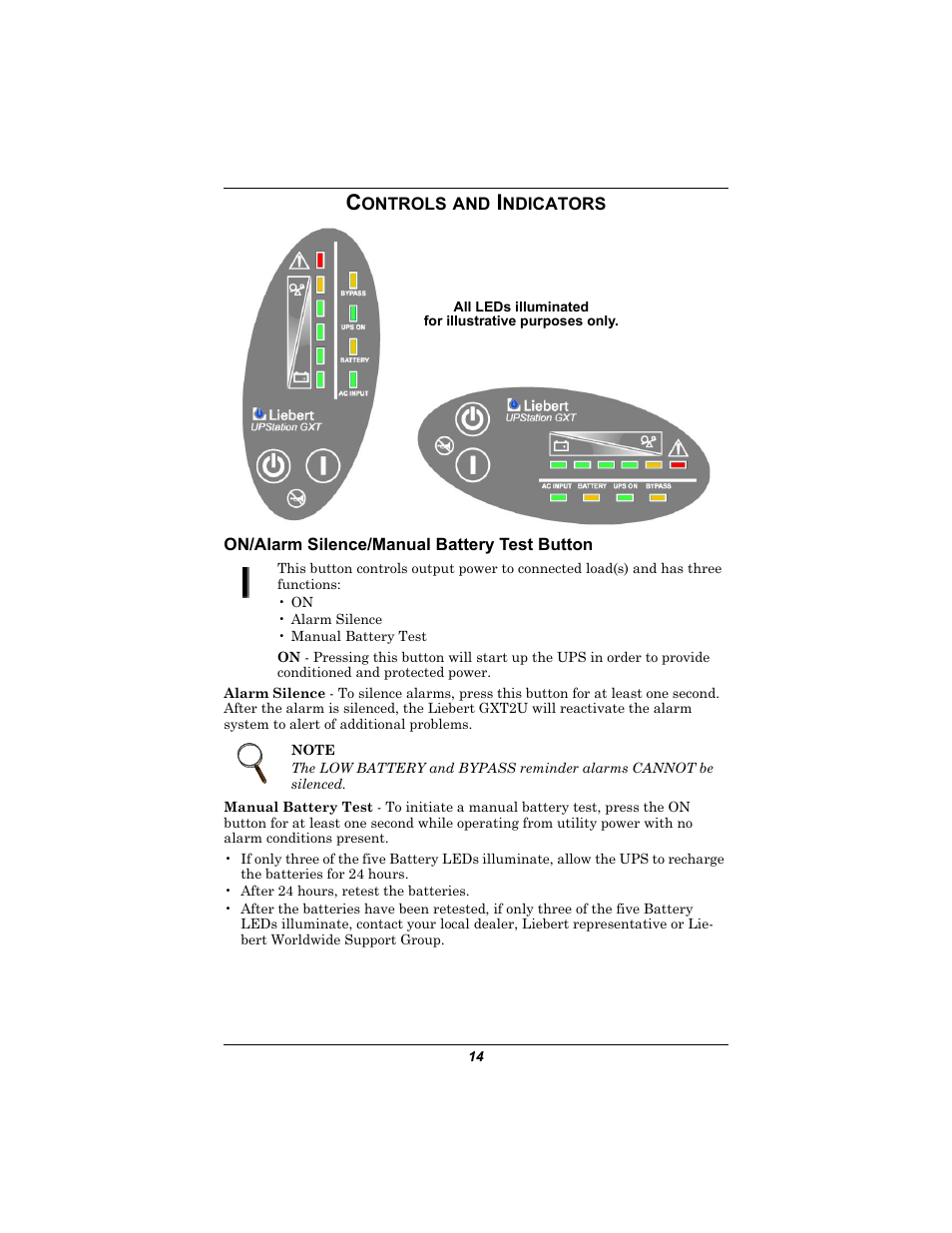 Controls and indicators, On/alarm silence/manual battery test button, Ontrols | Ndicators | Emerson GXT2U User Manual | Page 18 / 40