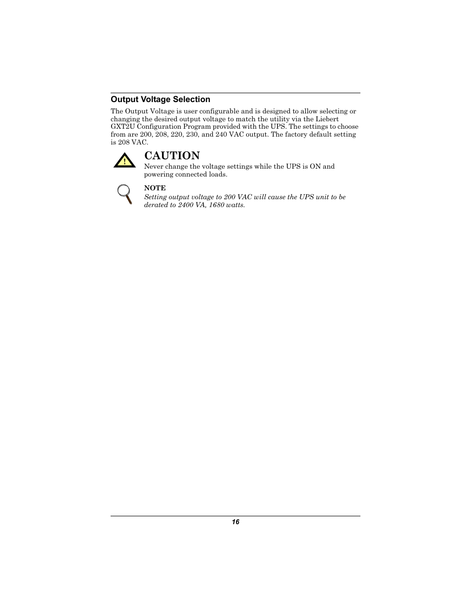 Output voltage selection, Caution | Emerson GXT2U User Manual | Page 20 / 40