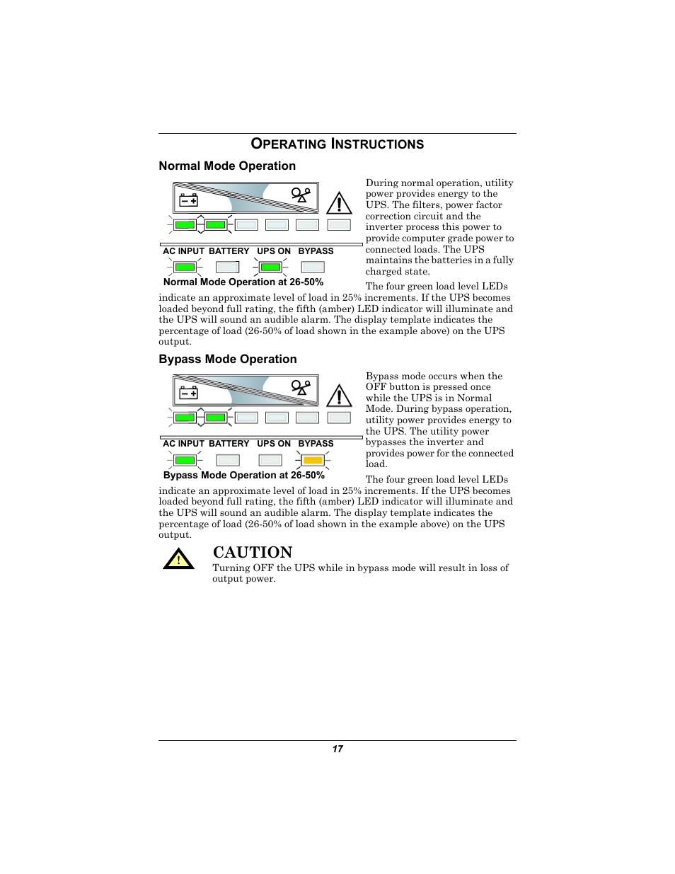 Operating instructions, Normal mode operation, Bypass mode operation | Perating, Nstructions, Normal mode operation bypass mode operation, Caution | Emerson GXT2U User Manual | Page 21 / 40