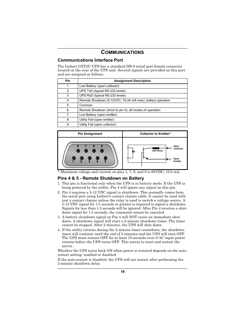 Communications, Communications interface port, Pins 4 & 5 - remote shutdown on battery | Ommunications, Ommunications communications interface port | Emerson GXT2U User Manual | Page 23 / 40