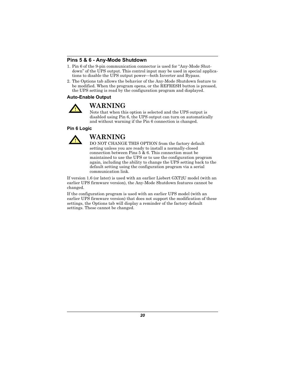 Pins 5 & 6 - any-mode shutdown, Auto-enable output, Pin 6 logic | Auto-enable output pin 6 logic, Warning | Emerson GXT2U User Manual | Page 24 / 40
