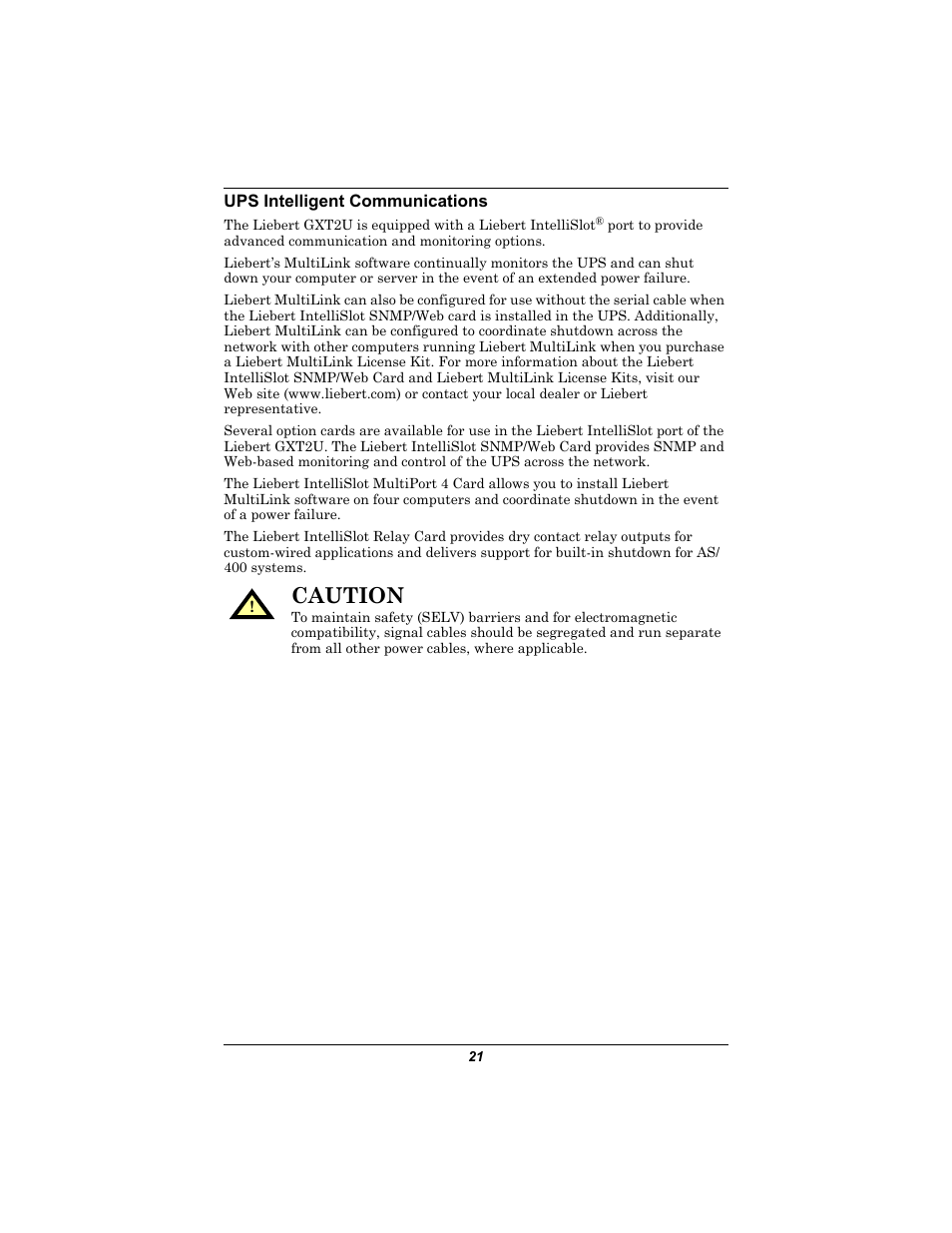 Ups intelligent communications, Caution | Emerson GXT2U User Manual | Page 25 / 40