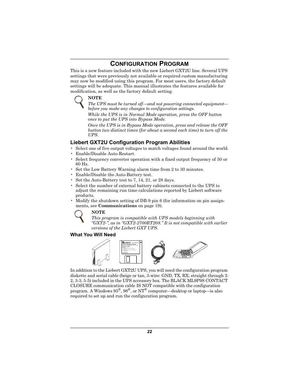 Configuration program, Liebert gxt2u configuration program abilities, What you will need | Onfiguration, Rogram | Emerson GXT2U User Manual | Page 26 / 40