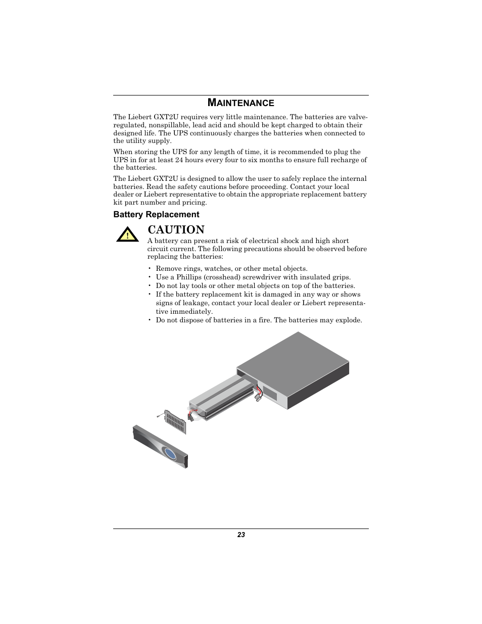 Maintenance, Battery replacement, Aintenance | Caution | Emerson GXT2U User Manual | Page 27 / 40