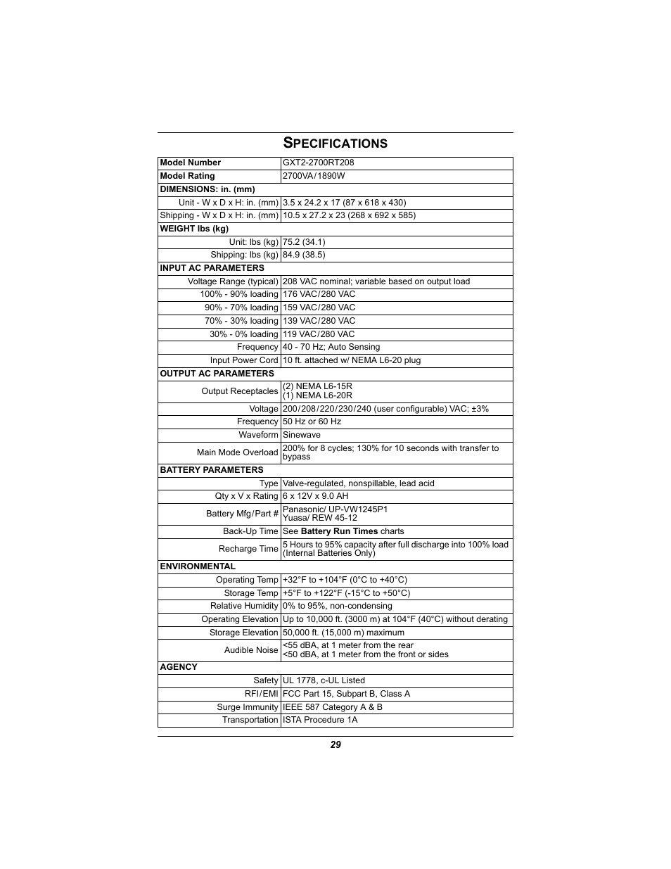 Specifications, Pecifications, See specifications | Emerson GXT2U User Manual | Page 33 / 40