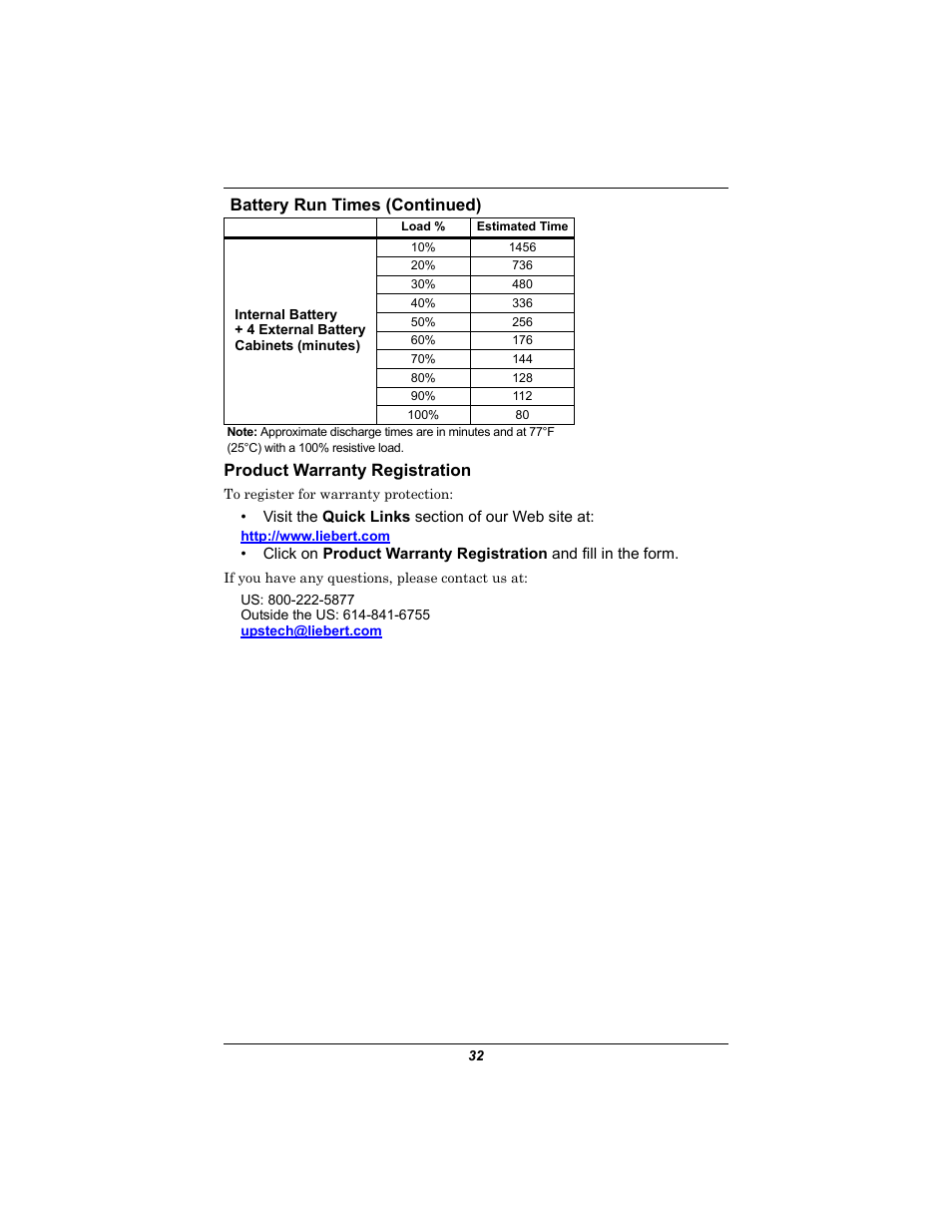 Product warranty registration, Battery run times (continued) | Emerson GXT2U User Manual | Page 36 / 40