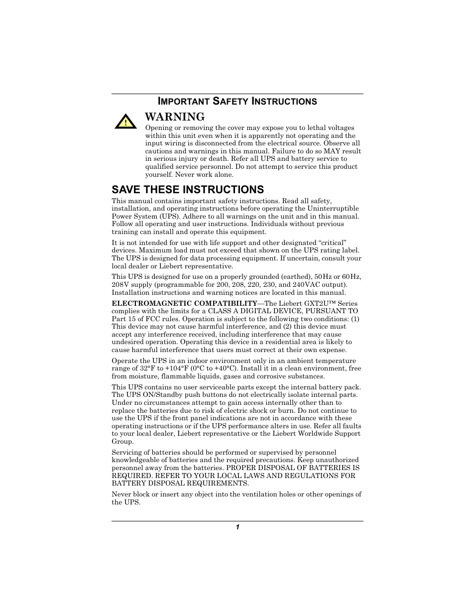 Important safety instructions, Mportant, Afety | Nstructions, Save these instructions, Warning | Emerson GXT2U User Manual | Page 5 / 40