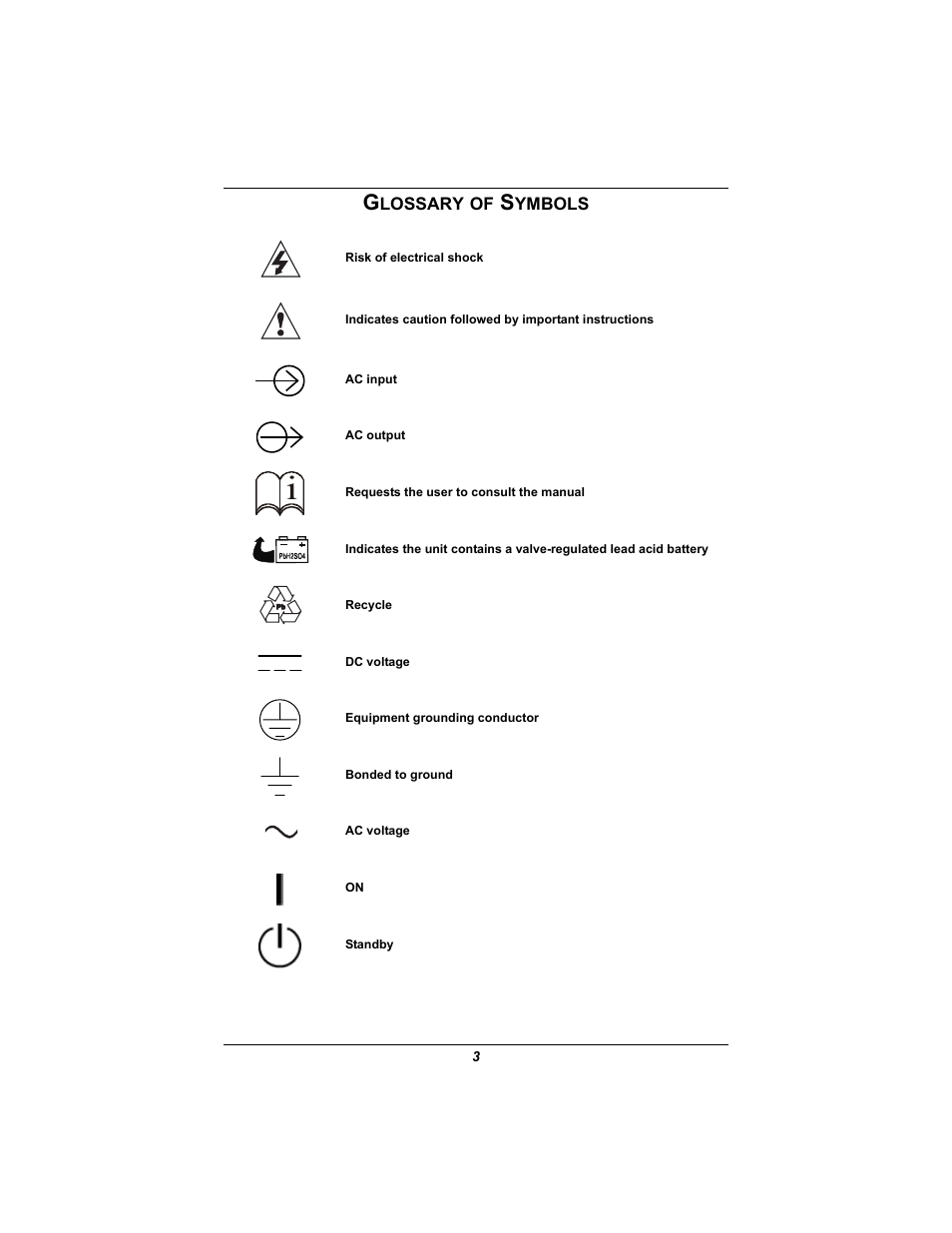 Glossary of symbols, Lossary, Ymbols | Emerson GXT2U User Manual | Page 7 / 40