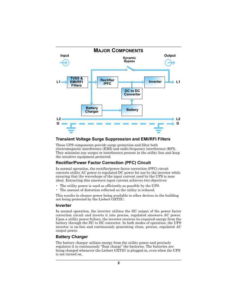 Major components, Rectifier/power factor correction (pfc) circuit, Inverter | Battery charger, Ajor, Omponents | Emerson GXT2U User Manual | Page 9 / 40