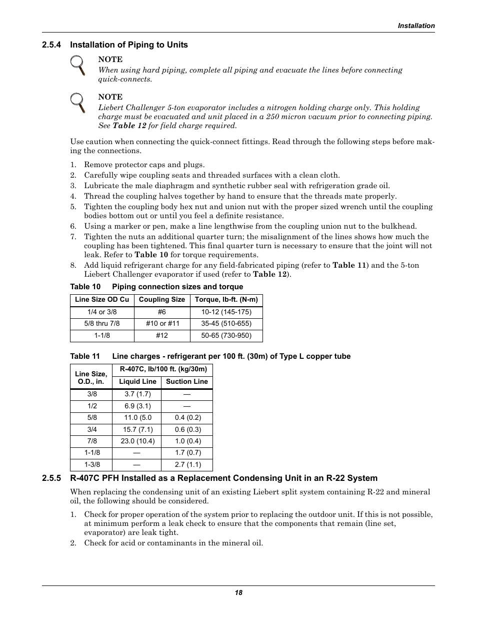 4 installation of piping to units, Table 10 piping connection sizes and torque, Installation of piping to units | Table 10, Piping connection sizes and torque, Table 11 | Emerson Precision Cooling For Business-Critical Continuity Figure i User Manual | Page 22 / 36
