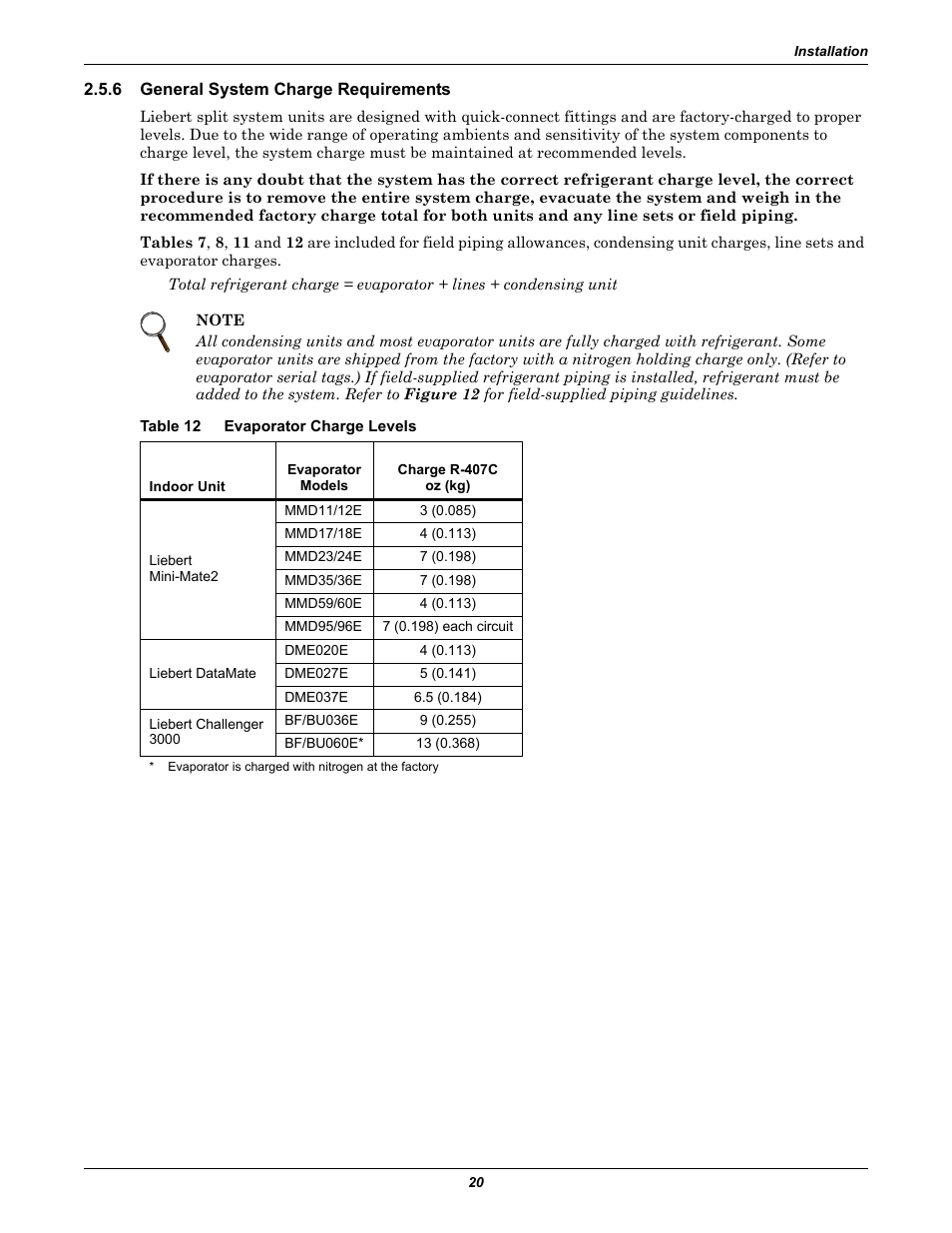 6 general system charge requirements, Table 12 evaporator charge levels, General system charge requirements | Table 12, Evaporator charge levels, Table 12 ), Table 12 for field charge | Emerson Precision Cooling For Business-Critical Continuity Figure i User Manual | Page 24 / 36