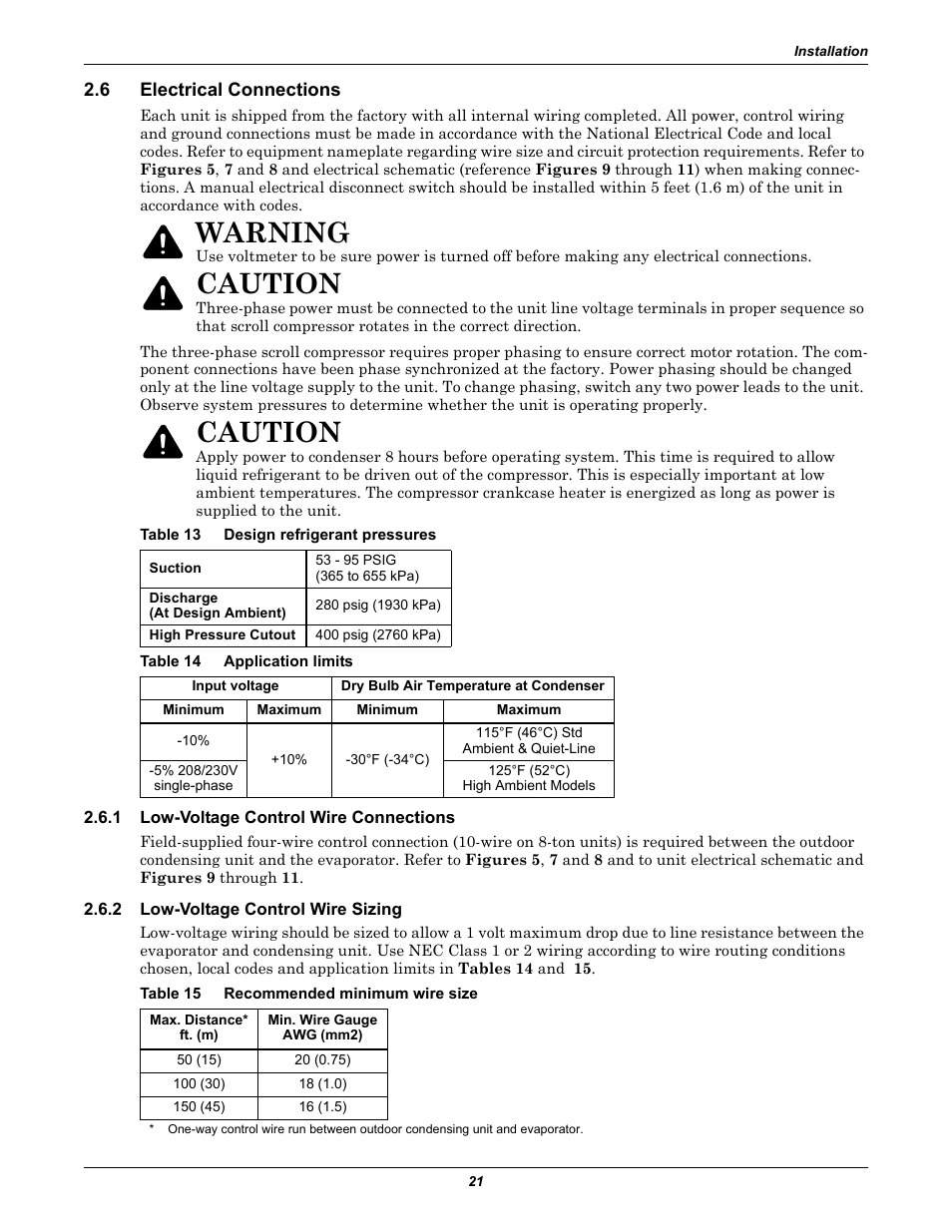 6 electrical connections, Table 13 design refrigerant pressures, Table 14 application limits | 1 low-voltage control wire connections, 2 low-voltage control wire sizing, Table 15 recommended minimum wire size, Electrical connections, Low-voltage control wire connections, Low-voltage control wire sizing, Table 13 | Emerson Precision Cooling For Business-Critical Continuity Figure i User Manual | Page 25 / 36