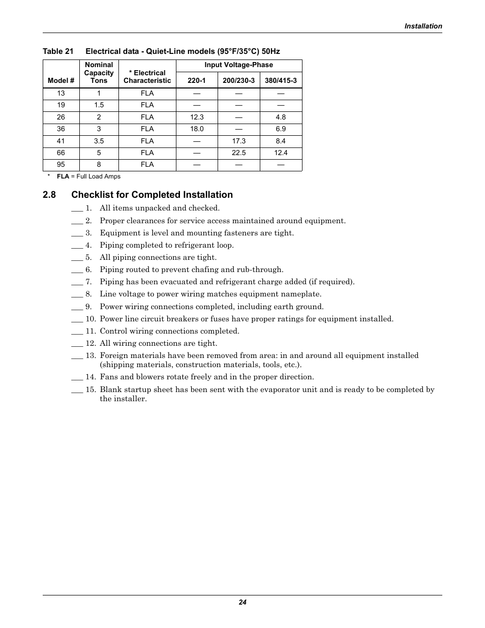 8 checklist for completed installation, Checklist for completed installation, Table 21 | Emerson Precision Cooling For Business-Critical Continuity Figure i User Manual | Page 28 / 36