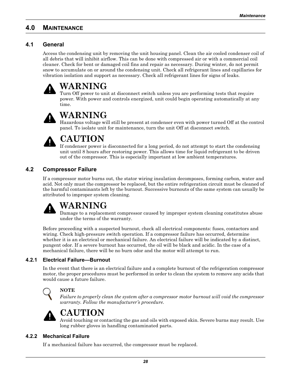 0 maintenance, 1 general, 2 compressor failure | 1 electrical failure—burnout, 2 mechanical failure, Aintenance, General, Compressor failure, Electrical failure—burnout, Mechanical failure | Emerson Precision Cooling For Business-Critical Continuity Figure i User Manual | Page 32 / 36