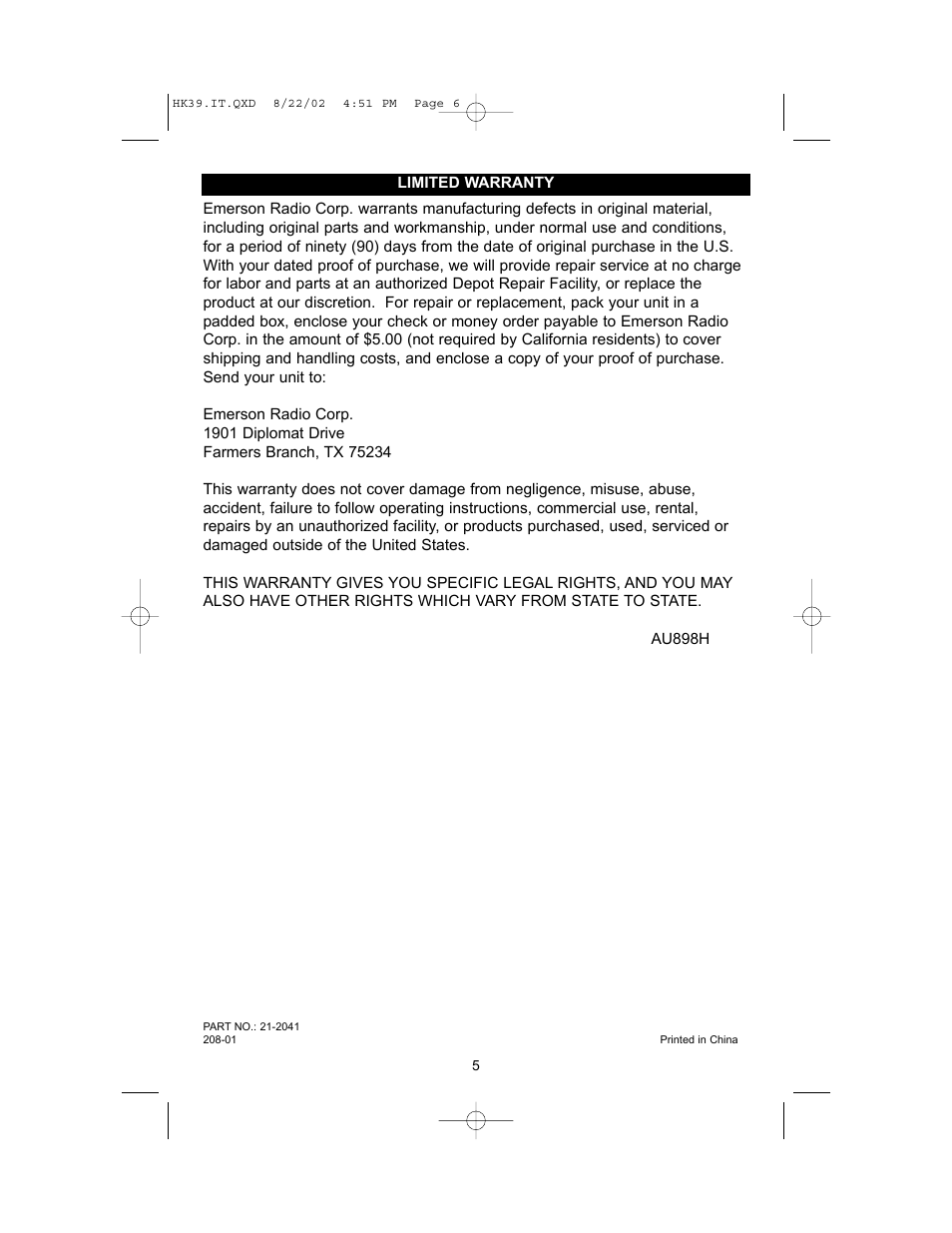 Emerson HK39 User Manual | Page 6 / 6
