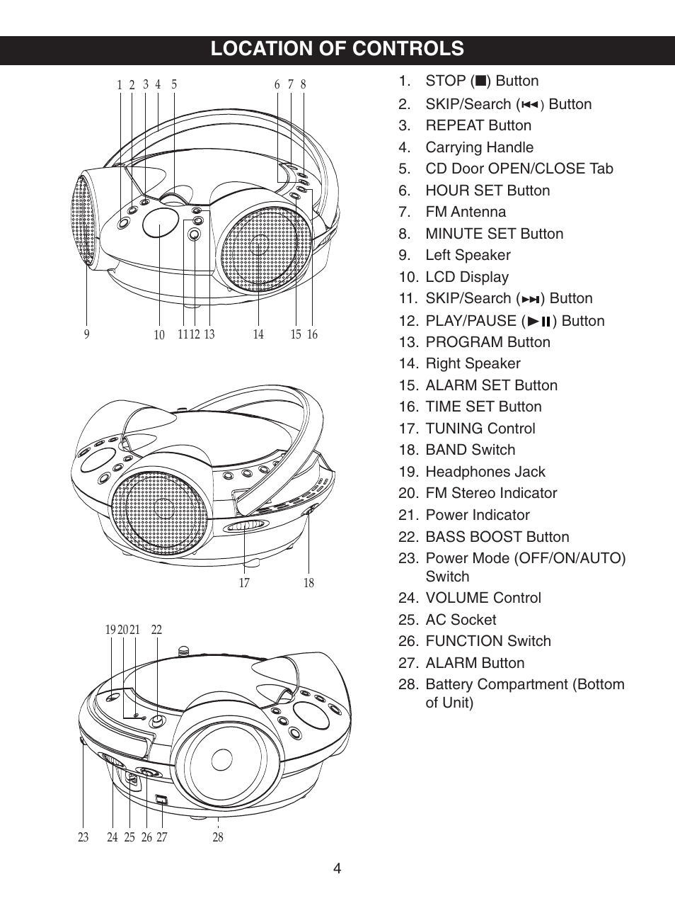 Location of controls | Emerson Radio SB231 User Manual | Page 5 / 16