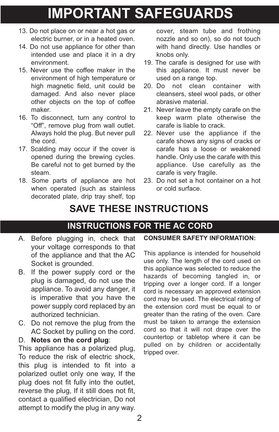 Important safeguards, Save these instructions, Instructions for the ac cord | Emerson Radio CCM901 User Manual | Page 3 / 19