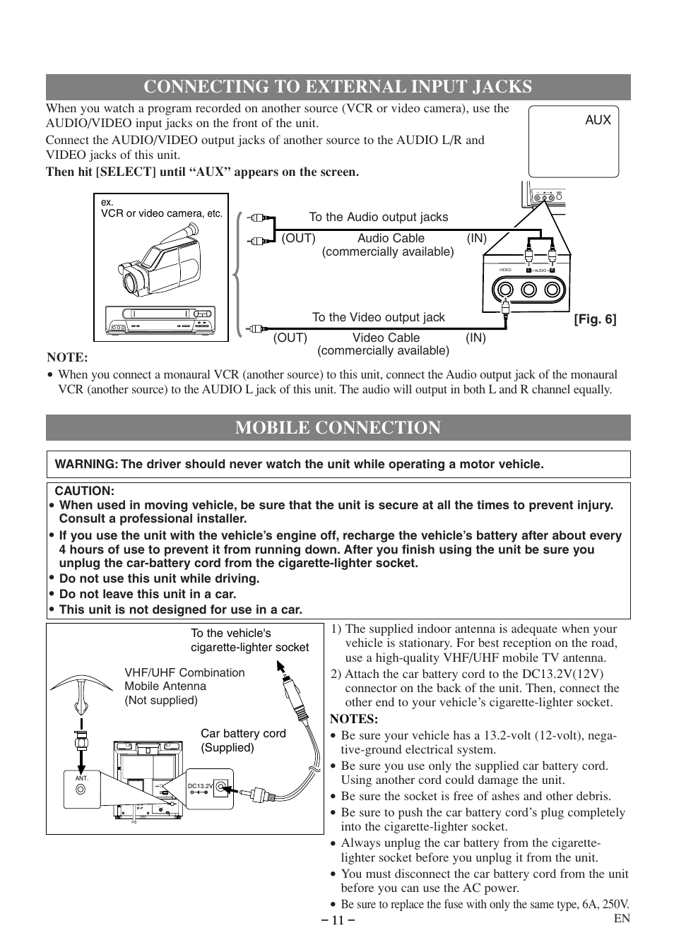 Connecting to external input jacks, Mobile connection | Emerson EWC09D5 User Manual | Page 11 / 40