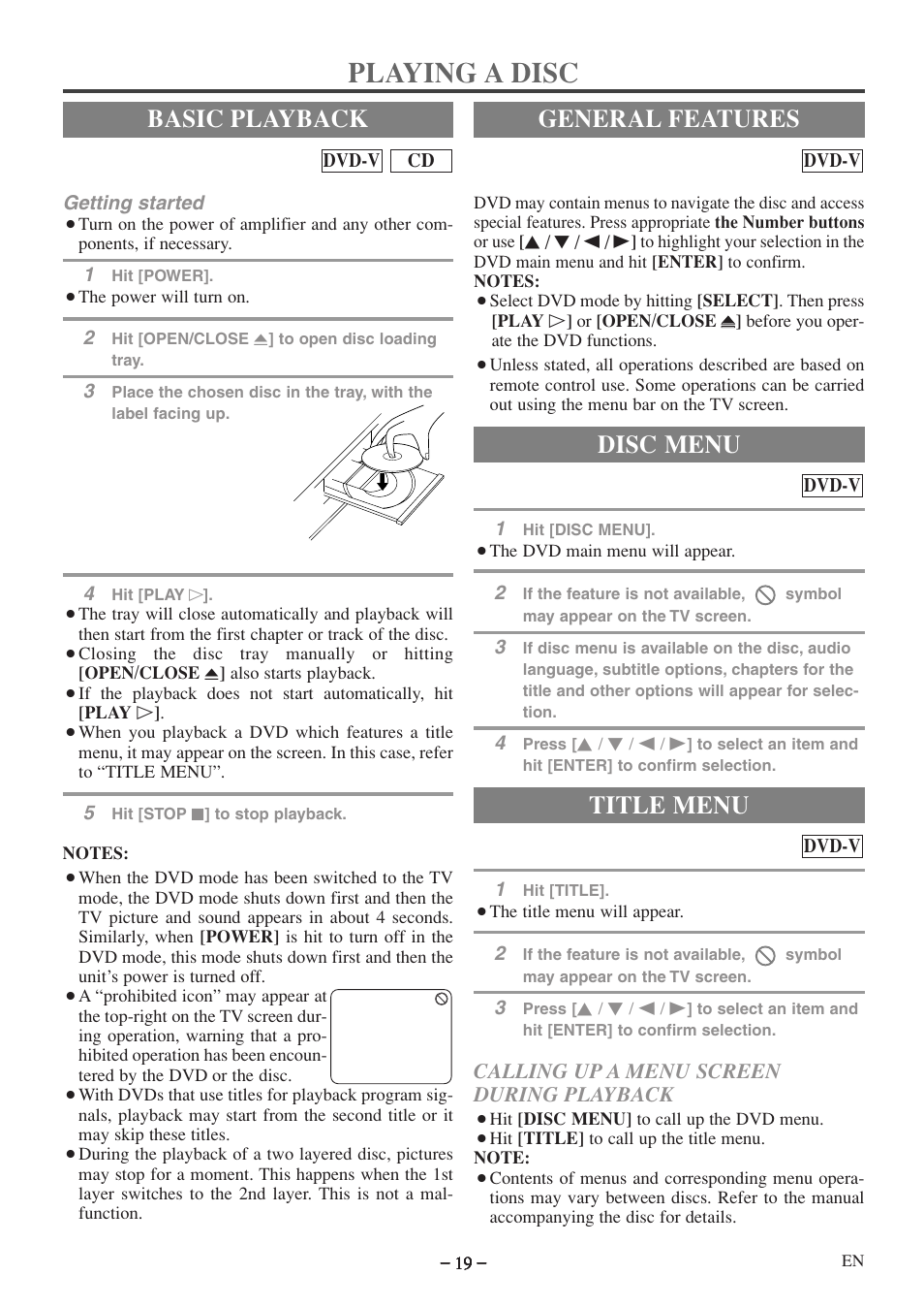 Playing a disc, Basic playback, General features | Title menu, Disc menu, Calling up a menu screen during playback | Emerson EWC09D5 User Manual | Page 19 / 40