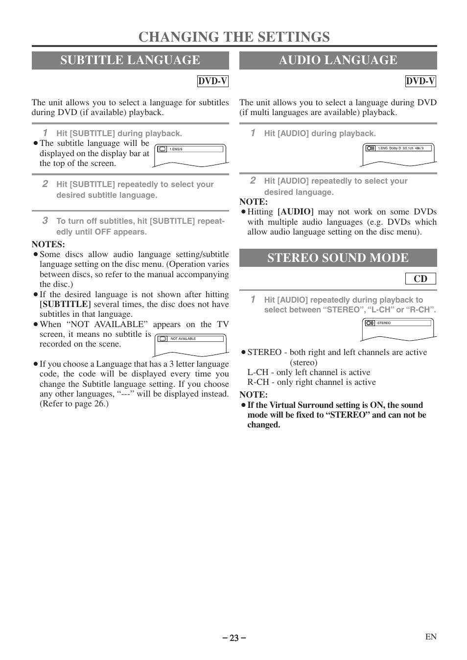 Changing the settings, Audio language, Stereo sound mode | Subtitle language | Emerson EWC09D5 User Manual | Page 23 / 40