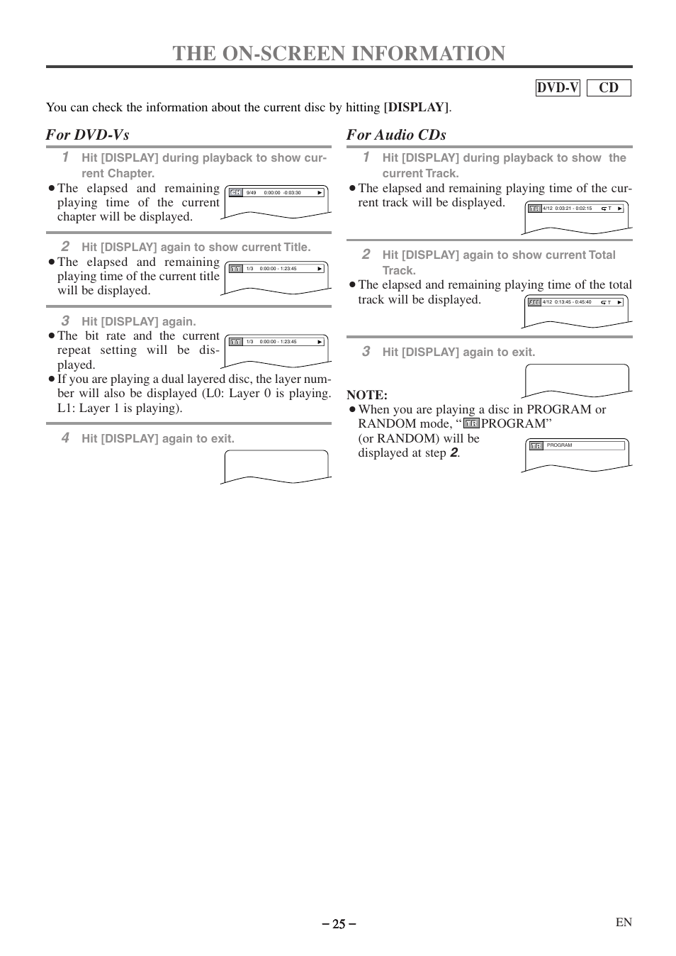 The on-screen information, For dvd-vs, For audio cds | Cd dvd-v | Emerson EWC09D5 User Manual | Page 25 / 40