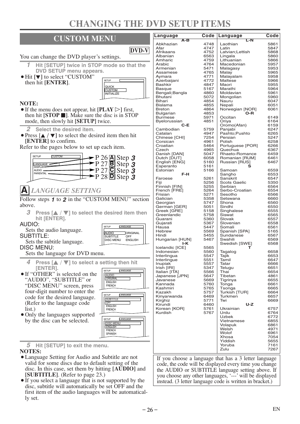 Changing the dvd setup items, Custom menu, Language setting | Dvd-v, You can change the dvd player’s settings, Ab c d, Select the desired item, Press, Hit [setup] to exit the menu | Emerson EWC09D5 User Manual | Page 26 / 40