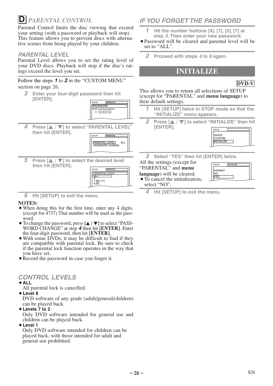 Initialize, Control levels, Parental control | If you forget the password, Parental level, Dvd-v | Emerson EWC09D5 User Manual | Page 28 / 40