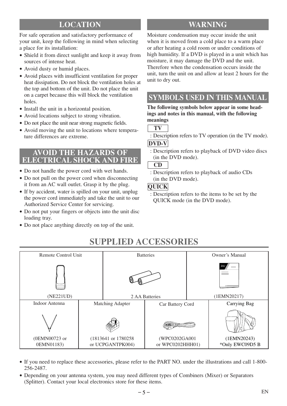Supplied accessories, Warning, Symbols used in this manual | Emerson EWC09D5 User Manual | Page 5 / 40
