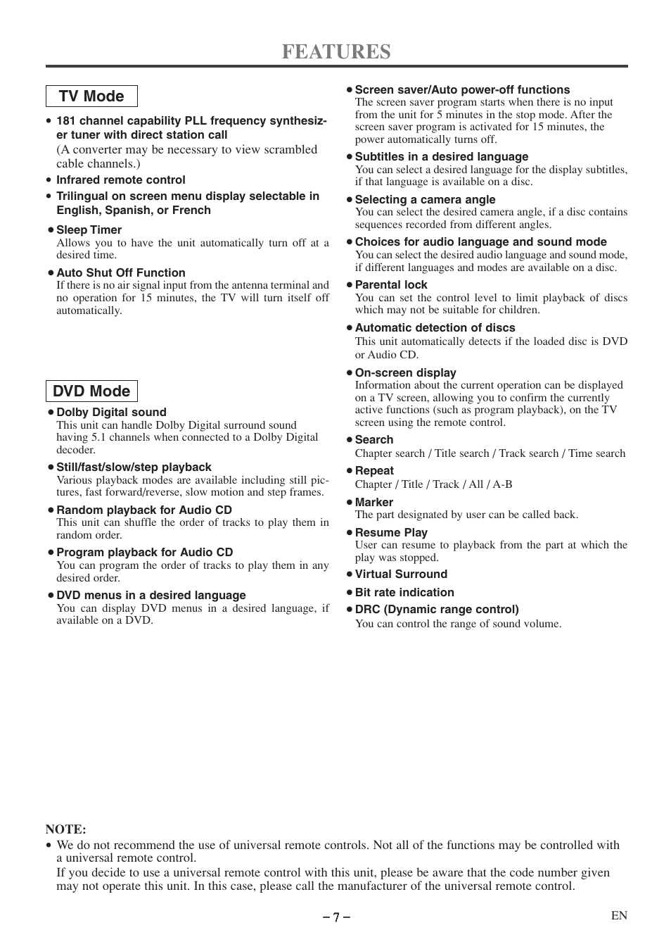Features, Tv mode, Dvd mode | Emerson EWC09D5 User Manual | Page 7 / 40