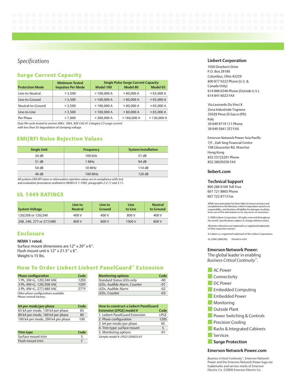 Specifications, Ul 1449 ratings, Surge current capacity | Enclosure, Emi/rfi noise rejection values, How to order liebert liebert panelguard, Extension | Emerson PanelGuard 65 User Manual | Page 2 / 2