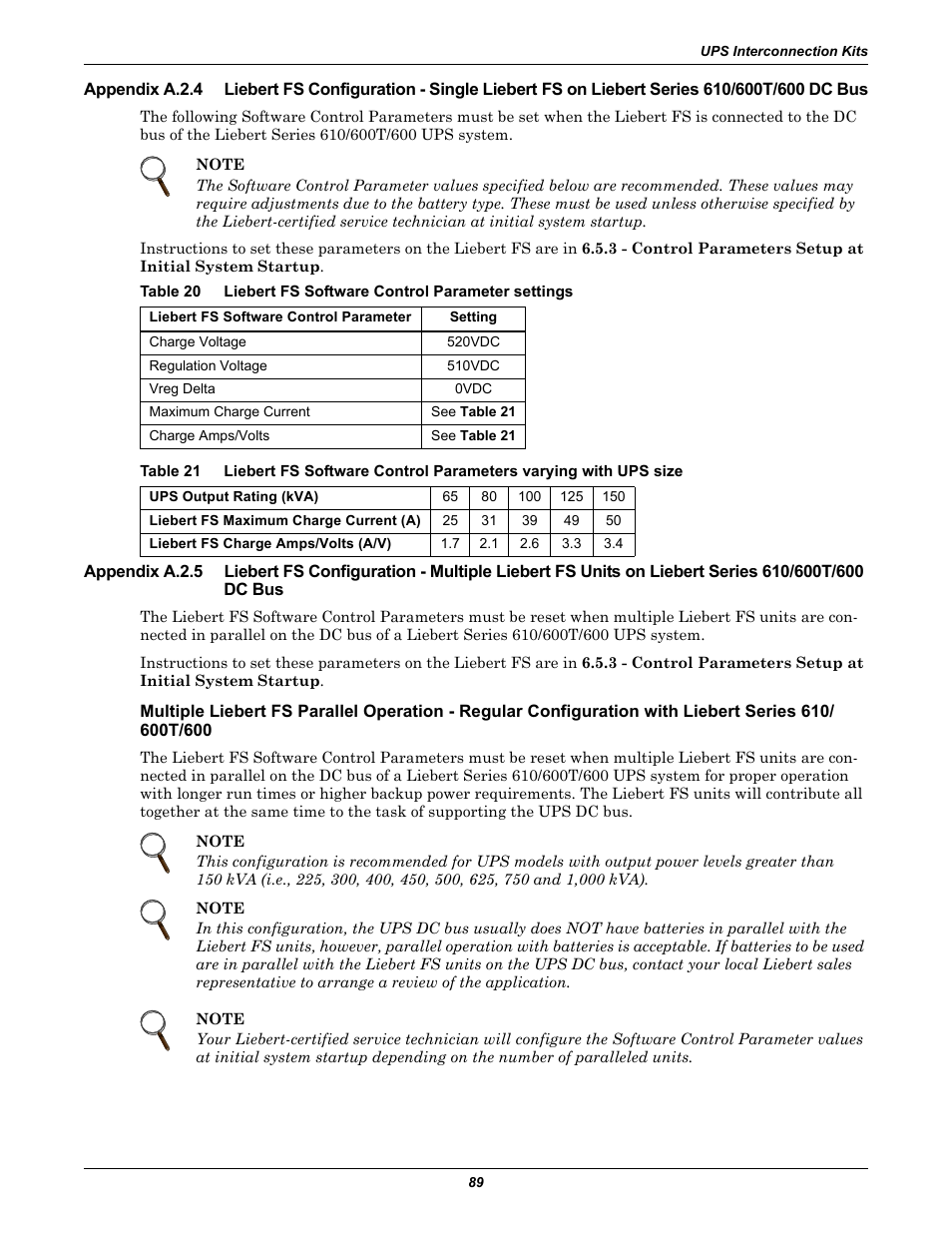 Appendix a.2.4, Series 610/600t/600 dc bus, Appendix a.2.5 | Table 20, Liebert fs software control parameter settings, Table 21 | Emerson Series 600T User Manual | Page 101 / 168