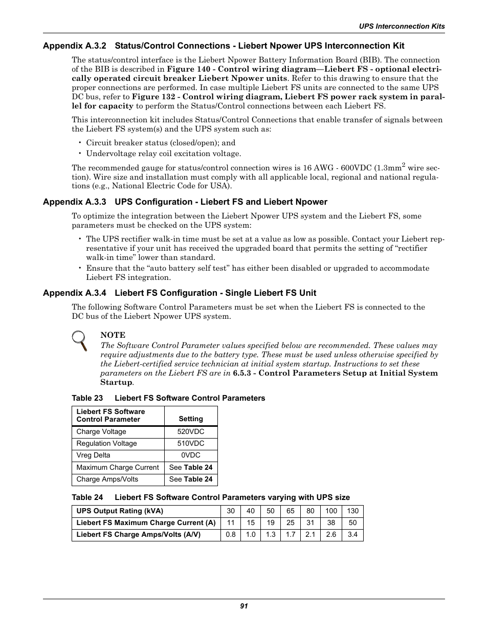 Table 23 liebert fs software control parameters, Appendix a.3.2, Appendix a.3.3 | Ups configuration - liebert fs and liebert npower, Appendix a.3.4, Liebert fs configuration - single liebert fs unit, Table 23, Liebert fs software control parameters, Table 24 | Emerson Series 600T User Manual | Page 103 / 168