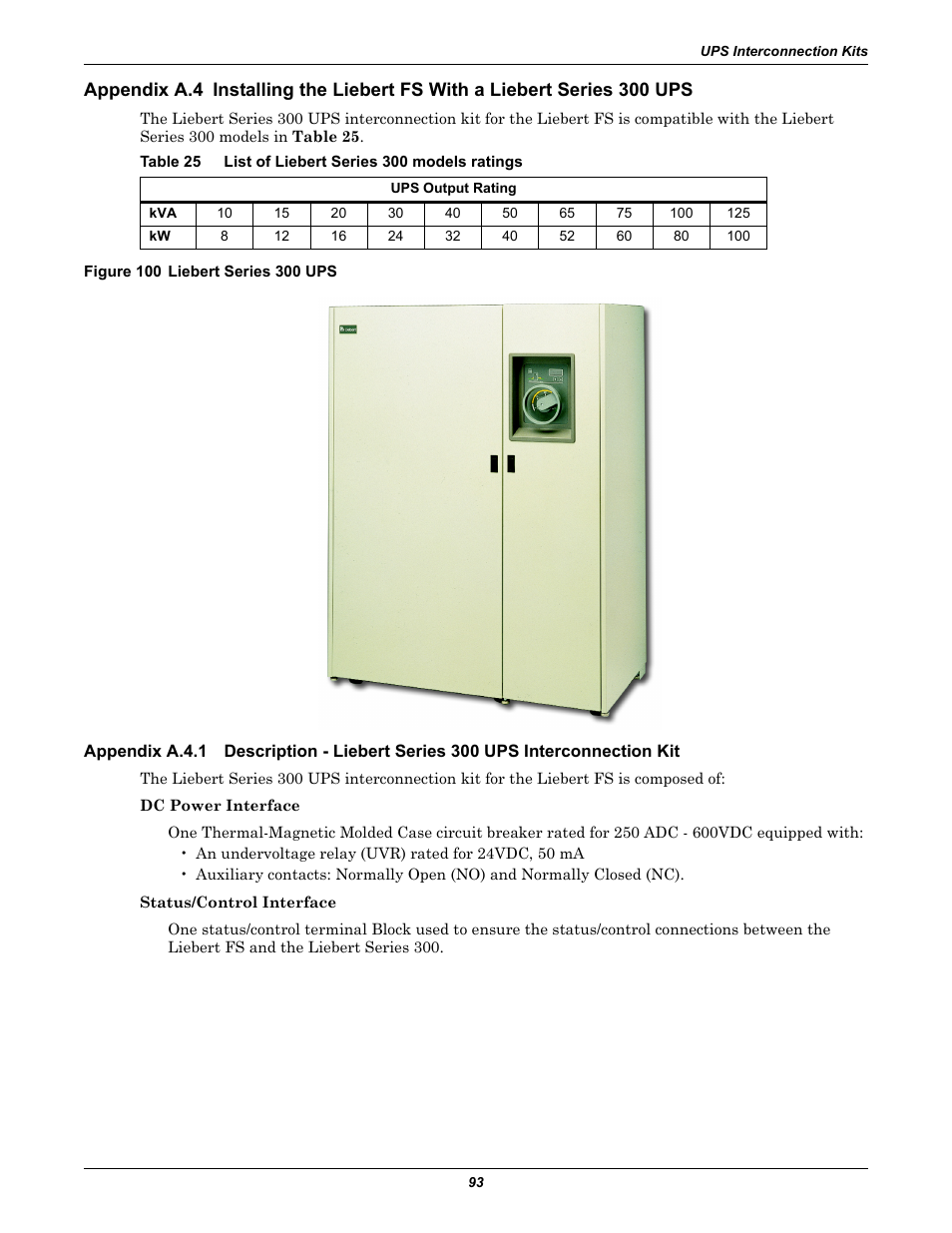 Table 25 list of liebert series 300 models ratings, Figure 100 liebert series 300 ups, Appendix a.4 | Appendix a.4.1, Table 25, List of liebert series 300 models ratings | Emerson Series 600T User Manual | Page 105 / 168