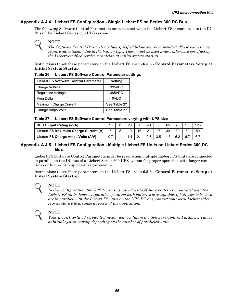 Appendix a.4.4, Appendix a.4.5, Series 300 dc bus | Table 26, Liebert fs software control parameter settings, Table 27 | Emerson Series 600T User Manual | Page 107 / 168