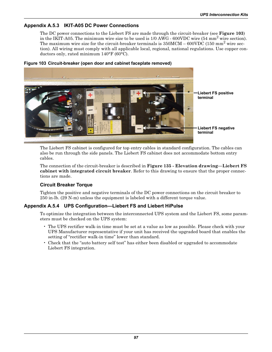 Appendix a.5.3 ikit-a05 dc power connections, Circuit breaker torque, Appendix a.5.3 | Ikit-a05 dc power connections, Appendix a.5.4, Ups configuration—liebert fs and liebert hipulse | Emerson Series 600T User Manual | Page 109 / 168