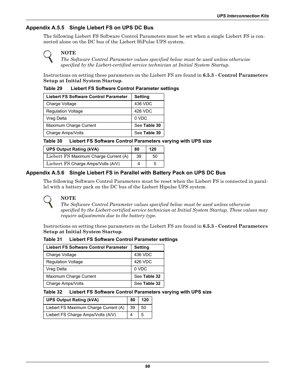 Appendix a.5.5 single liebert fs on ups dc bus, Appendix a.5.5, Single liebert fs on ups dc bus | Appendix a.5.6, Table 29, Liebert fs software control parameter settings, Table 30, Table 31, Table 32 | Emerson Series 600T User Manual | Page 110 / 168