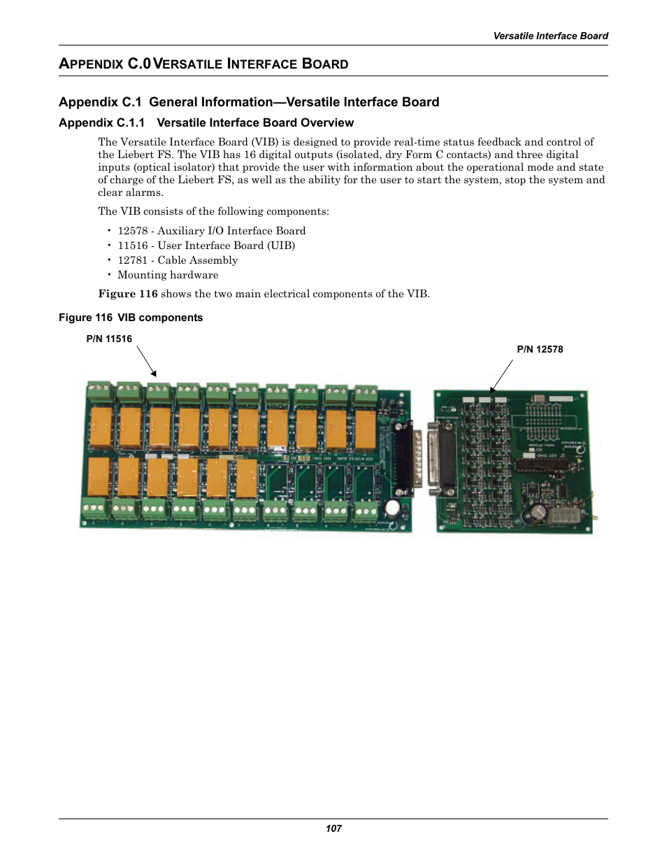Appendix c.0 versatile interface board, Appendix c.1.1 versatile interface board overview, Figure 116 vib components | Ppendix, Ersatile, Nterface, Oard, Appendix c.1, General information—versatile interface board, Appendix c.1.1 | Emerson Series 600T User Manual | Page 119 / 168