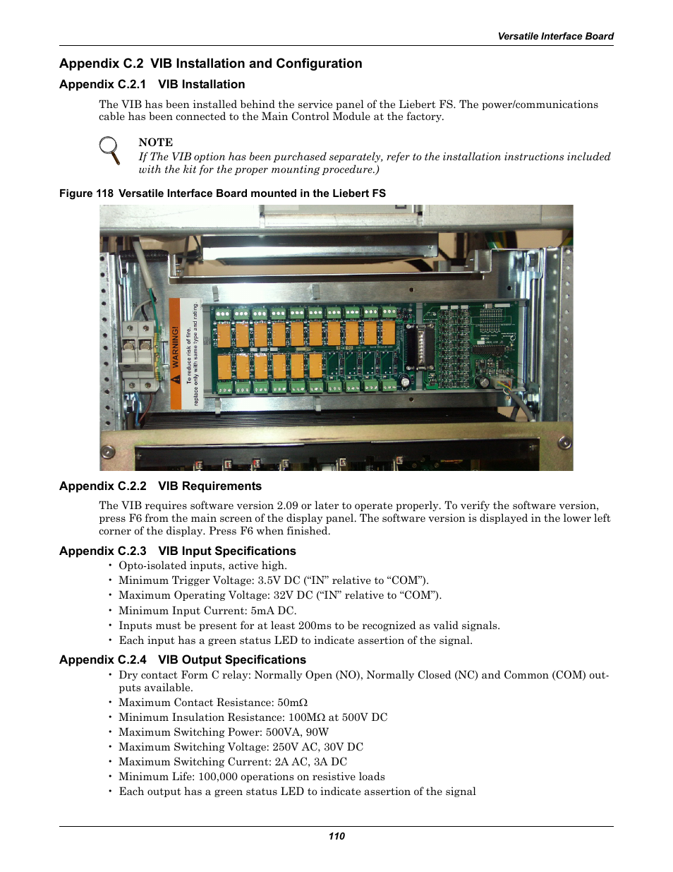 Appendix c.2 vib installation and configuration, Appendix c.2.1 vib installation, Appendix c.2.2 vib requirements | Appendix c.2.3 vib input specifications, Appendix c.2.4 vib output specifications, Appendix c.2, Vib installation and configuration, Appendix c.2.1, Vib installation, Appendix c.2.2 | Emerson Series 600T User Manual | Page 122 / 168