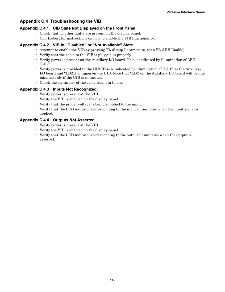 Appendix c.4 troubleshooting the vib, Appendix c.4.3 inputs not recognized, Appendix c.4.4 outputs not asserted | Appendix c.4, Troubleshooting the vib, Appendix c.4.1, Uib state not displayed on the front panel, Appendix c.4.2, Vib in “disabled” or “not available” state, Appendix c.4.3 | Emerson Series 600T User Manual | Page 124 / 168
